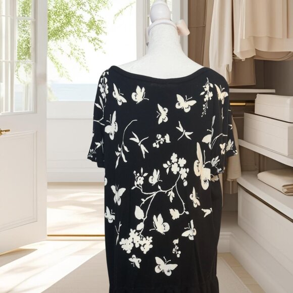 Talbots Black Butterfly & Floral Knit Top • Like New • Ruffle Hem - Picture 2 of 3